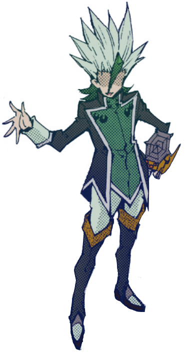 an transparent png of kyoji yagumo, a character from the yu-gi-oh zexal manga. in the image, he has spiky white and green hair, and is wearing a green outfit with a high collar.